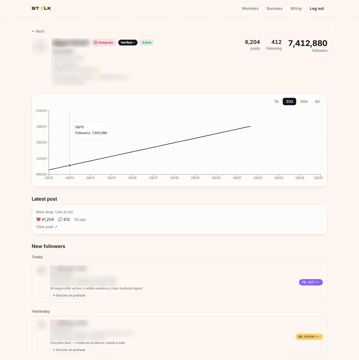 STALK showing new followers of an Instagram competitor, each with a lead score and a one-line reason