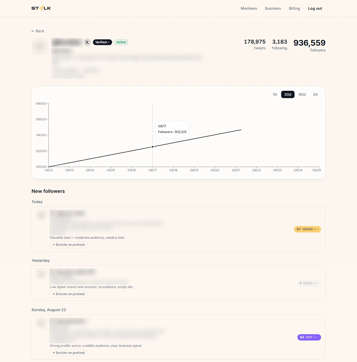 STALK showing the new followers of an X competitor account, each with a lead score and a one-line reason